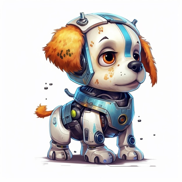Un cane con una tuta da robot e un elmetto con su scritto "cane spaziale".