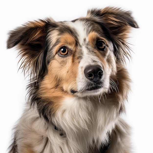 Un cane con uno sfondo bianco e un collare nero.