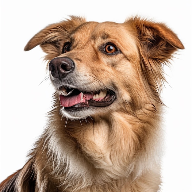 Un cane con uno sfondo bianco e una faccia nera focata.