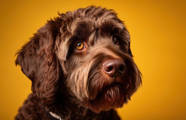 Un cane con uno sfondo giallo