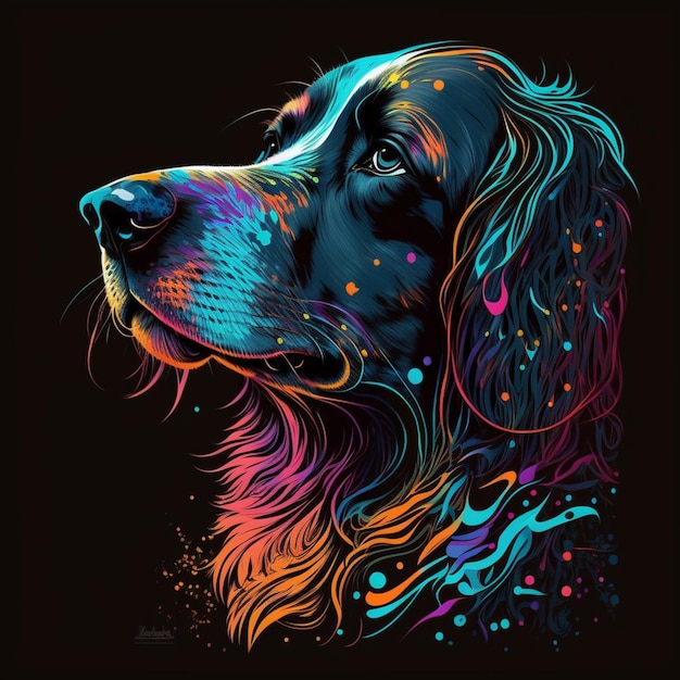 Un cane con uno sfondo nero e una faccia color arcobaleno.