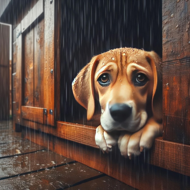Un cane con uno sguardo triste si siede in una cabina di legno sotto la pioggia