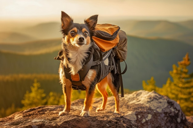Un cane con uno zaino e una mappa che simboleggia lo spirito di avventura e l'esplorazione di nuove esperienze