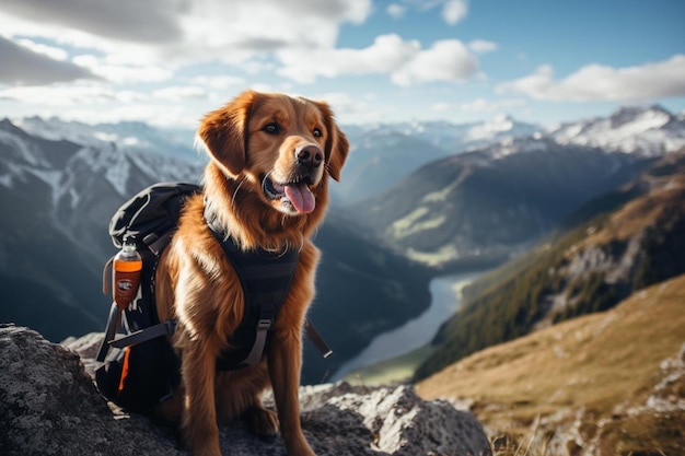 Un cane con uno zaino si siede su una montagna con un lago di montagna sullo sfondo.