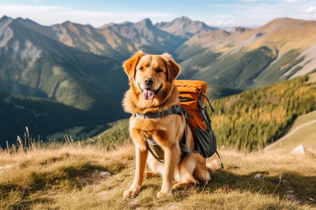 Un cane con uno zaino si siede sulla cima di una montagna.