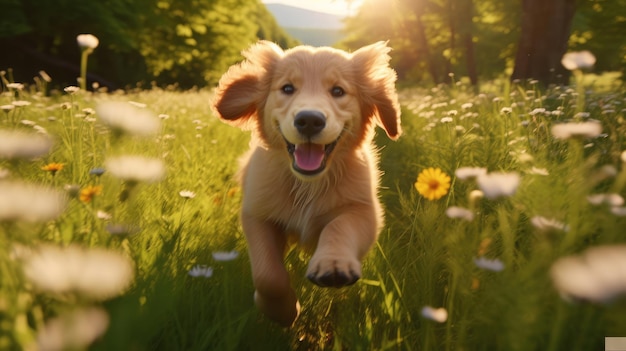 un cane corre attraverso un campo di fiori