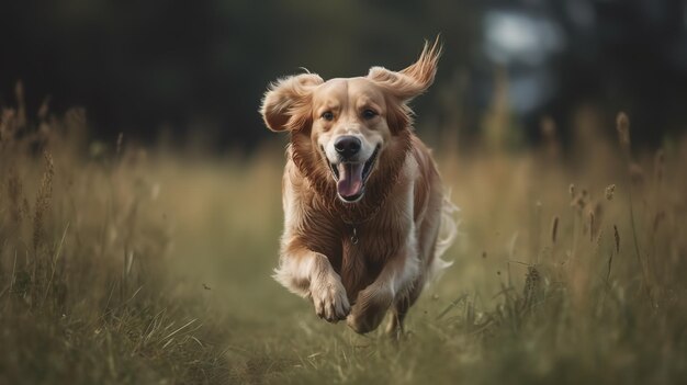 Un cane corre attraverso un campo erboso