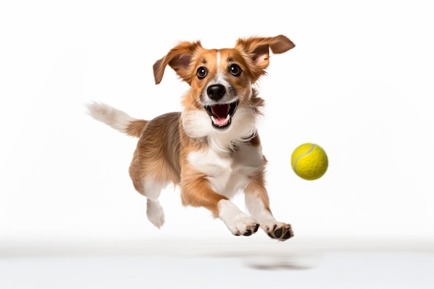 un cane corre con una pallina da tennis