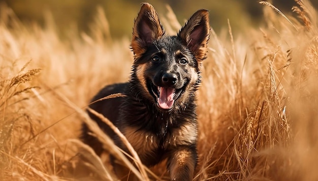 Un cane corre in un campo di erba alta.