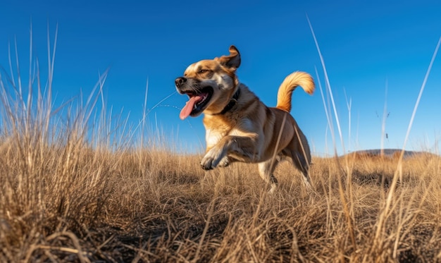 Un cane corre in un campo di erba alta.