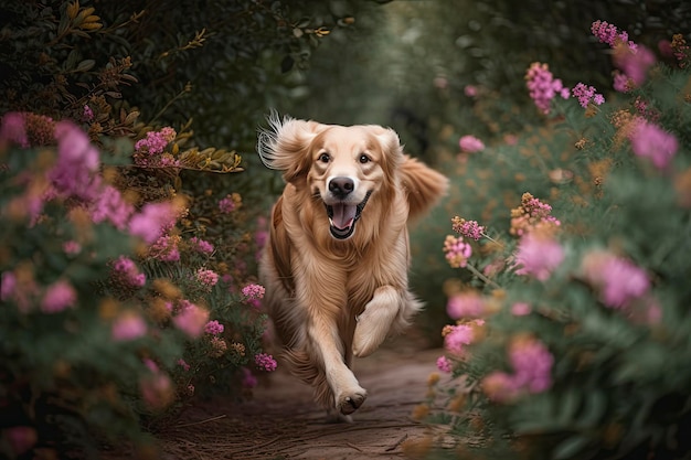 Un cane corre in un giardino fiorito con sopra la scritta d'oro.