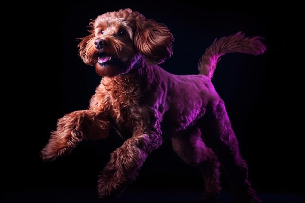 Un cane corre in una stanza buia con uno sfondo viola.