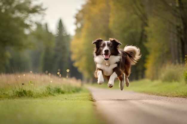 Un cane corre lungo una strada sterrata con una foresta sullo sfondo.