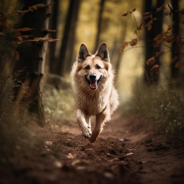 Un cane corre nei boschi con la parola pastore tedesco sul davanti.