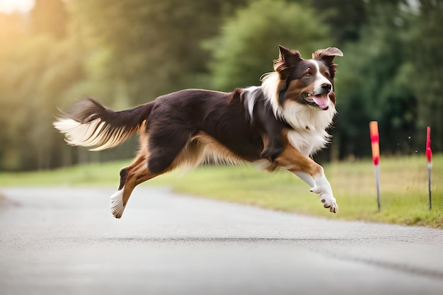 Un cane corre su una strada con un cartello che dice "cane".