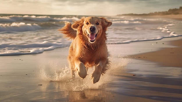 Un cane corre sulla spiaggia con il sole che gli splende sulla faccia.