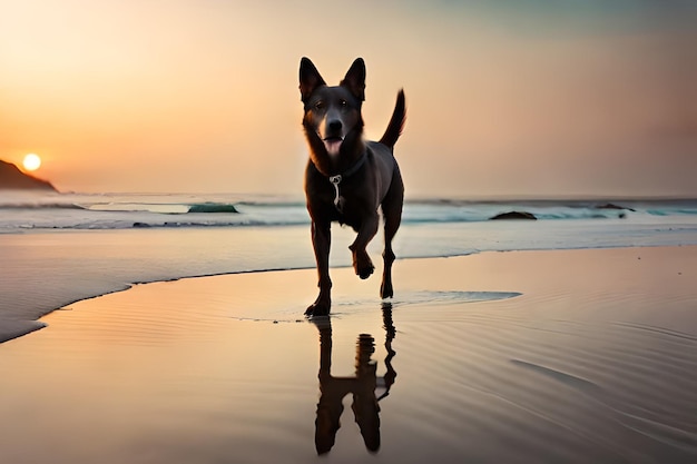 un cane corre sulla spiaggia con il tramonto sullo sfondo.