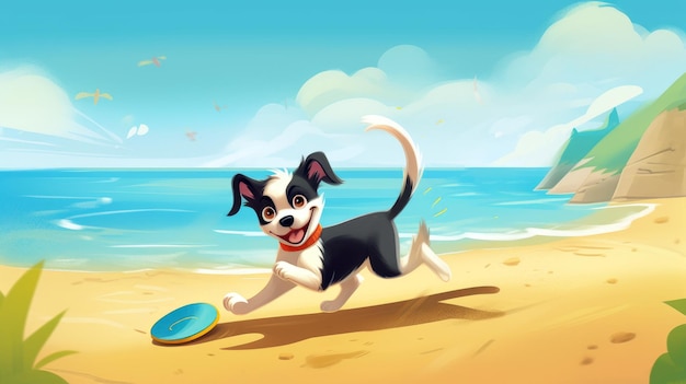 Un cane corre sulla spiaggia con un frisbee blu.