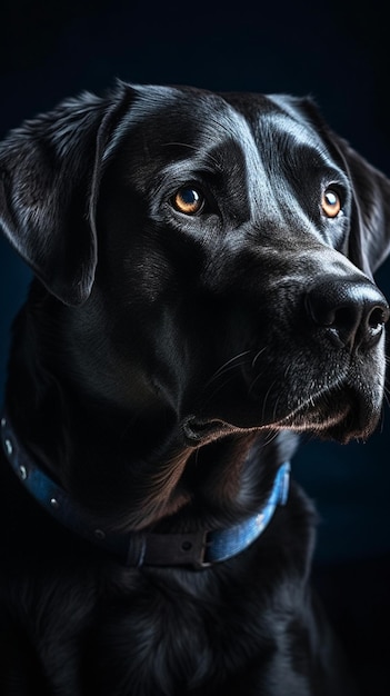 Un cane da laboratorio nero con collare blu e collare blu