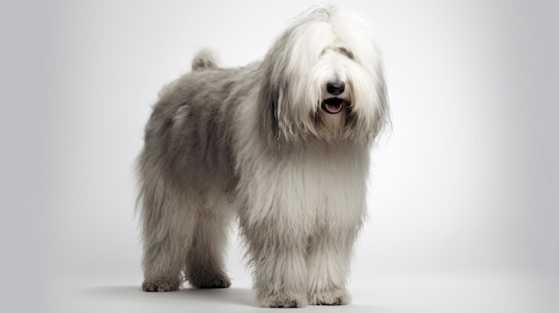 Un cane da pastore bianco con un lungo mantello