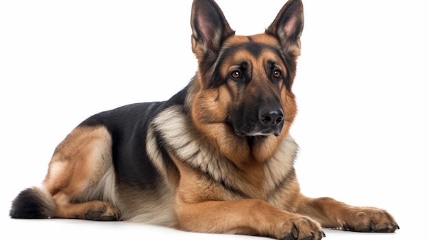 Un cane da pastore tedesco che stabilisce su una priorità bassa bianca