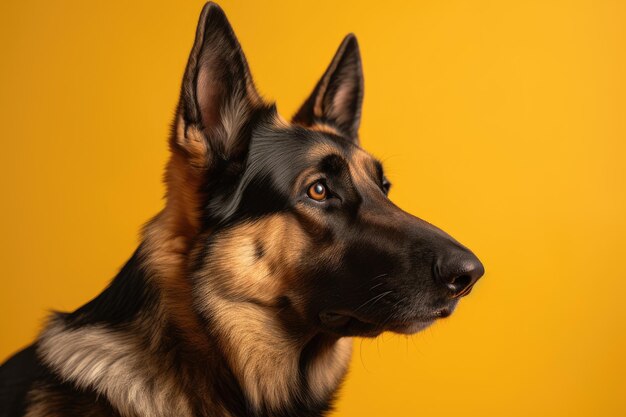 Un cane da pastore tedesco con uno sfondo giallo