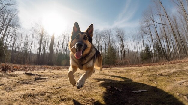 Un cane da pastore tedesco corre attraverso un campo con il sole che splende sugli alberi.