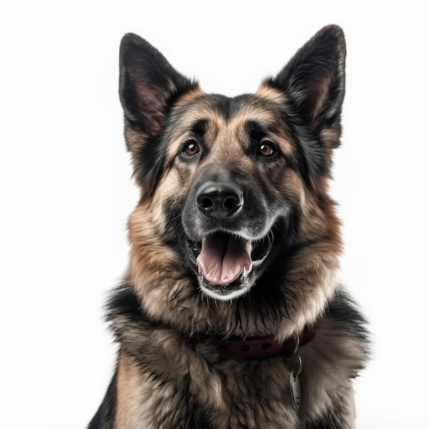 Un cane da pastore tedesco si siede davanti a uno sfondo bianco.