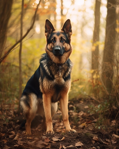 Un cane da pastore tedesco si trova nei boschi