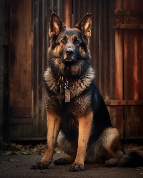 Un cane da pastore tedesco siede davanti a una porta di legno.