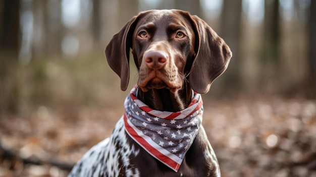 Un cane da puntatore a pelo corto tedesco marrone e bianco che indossa una bandana rossa, bianca e blu.