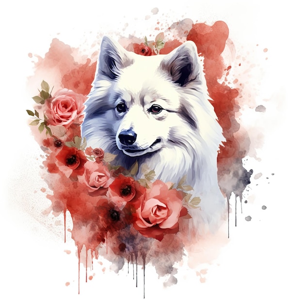 Un cane dal pelo bianco e dal naso blu è circondato da rose rosse.