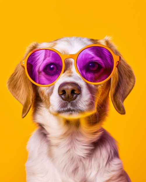 Un cane dalmata che indossa occhiali da sole su uno sfondo giallo