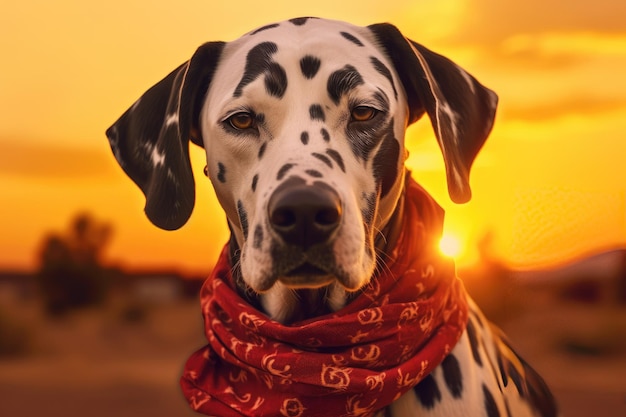 Un cane dalmata che indossa una sciarpa rossa con sopra le lettere g