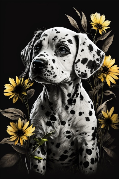 Un cane dalmata è in piedi davanti a dei girasoli.