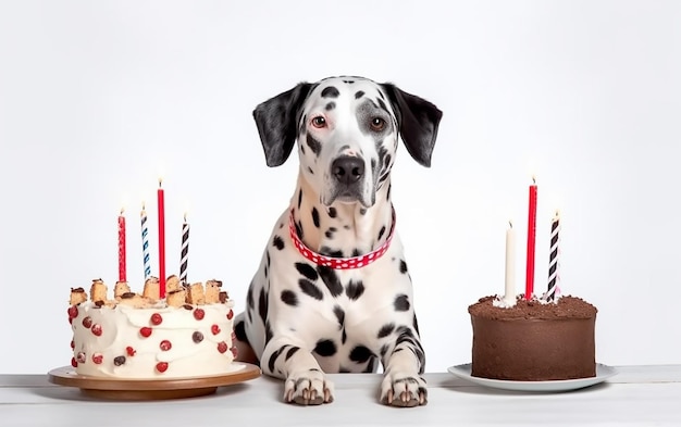Un cane dalmata siede dietro una torta con sopra una torta di compleanno.