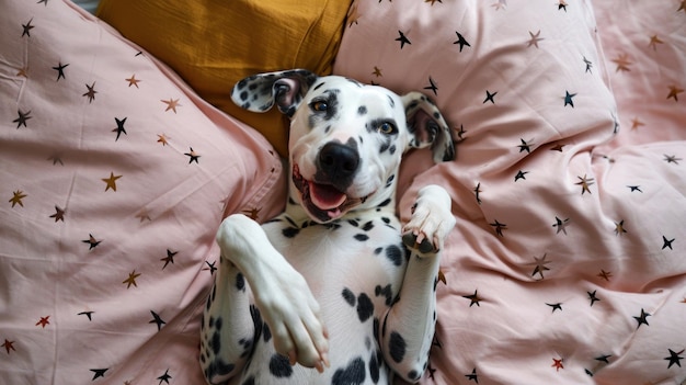 Un cane dalmata su un letto giace sulla schiena con le zampe sollevate Lenzuola da letto con stelle Faccia di cane divertente