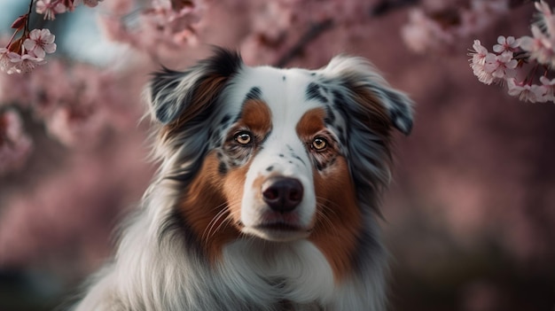 Un cane davanti a un ciliegio rosa