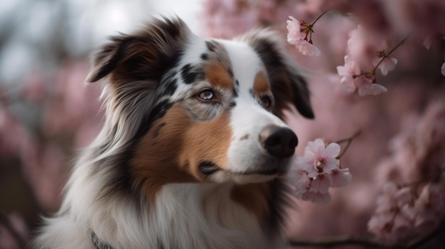 Un cane davanti a uno sfondo di fiori rosa