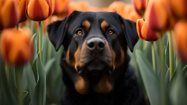 Un cane davanti ai tulipani in vendita