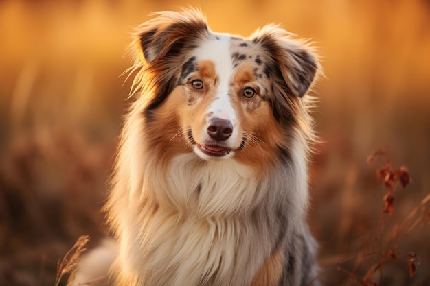 Un cane della razza Australian Shepherd nel parco per una passeggiata in autunno