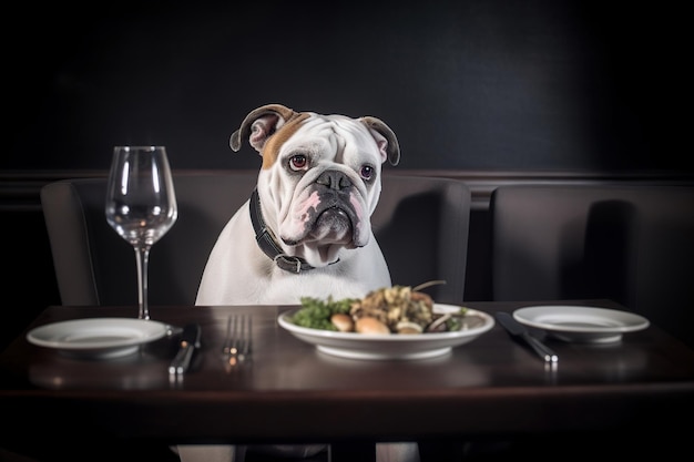 Un cane della razza bulldog inglese a un tavolo in un ristorante il concetto di ristoranti per cani ai generativo