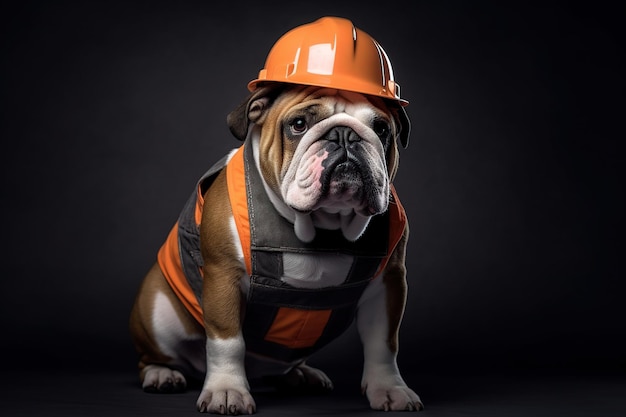 Un cane della razza bulldog inglese in un casco protettivo e un giubbotto arancione il cane è un costruttore generativo ai