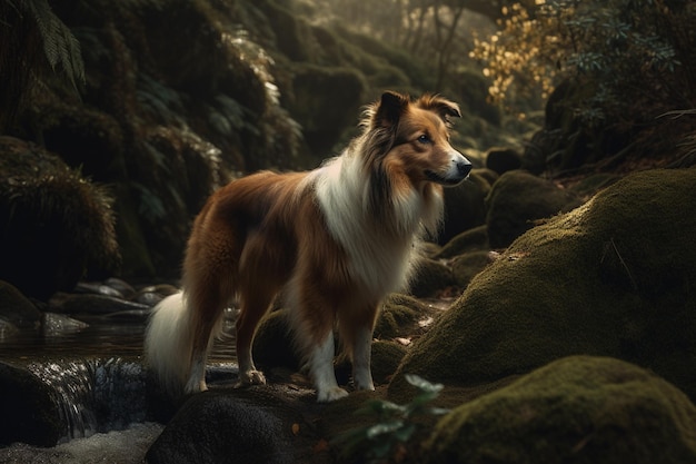 Un cane di nome collie si trova in un ruscello nel bosco.