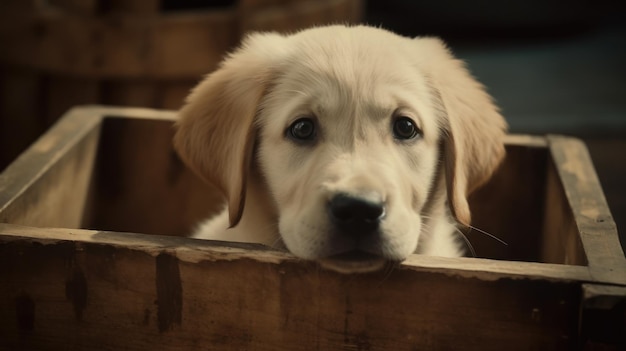 Un cane di nome golden retriever è seduto in una cassa di legno.