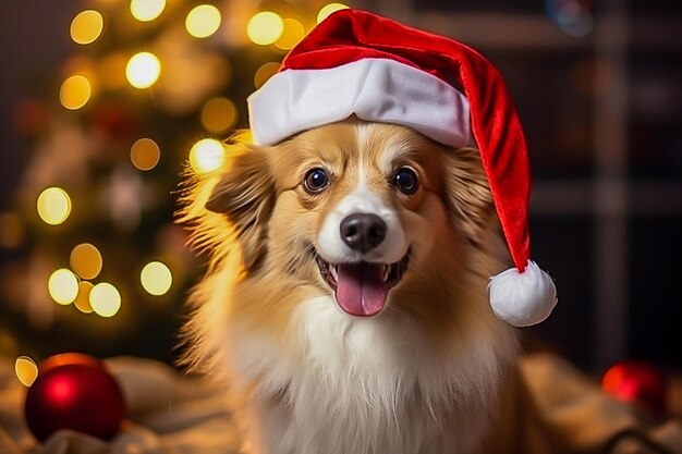 un cane divertente con un cappello da Babbo Natale è seduto al suo laptop a casa prima di Natale