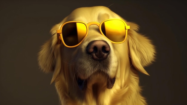 Un cane divertente vestito occhiali da sole sullo sfondo giallo o illuminante