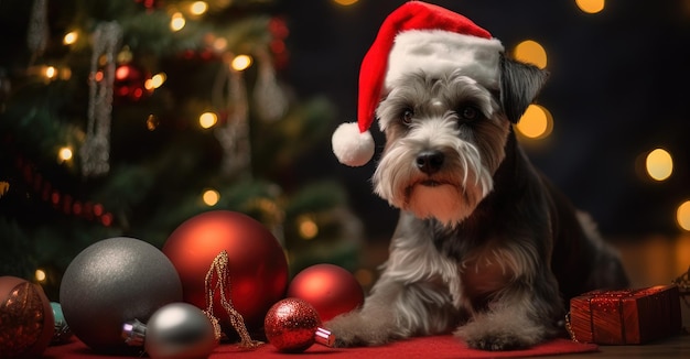 un cane domestico che indossa un cappello di Babbo Natale e gioca con gli ornamenti di Natale