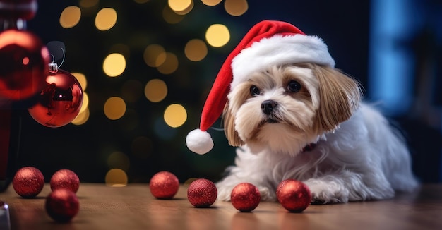 un cane domestico che indossa un cappello di Babbo Natale e gioca con gli ornamenti di Natale