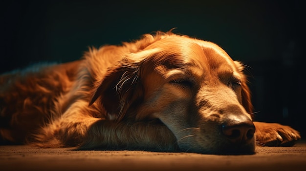 Un cane dorme su uno sfondo scuro